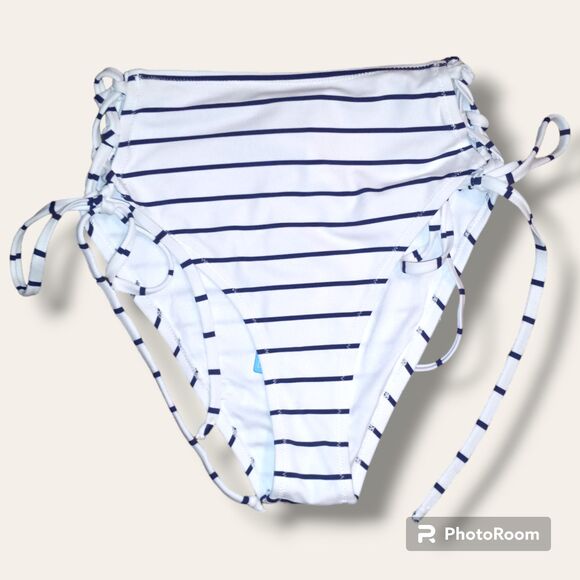 Cupshe Small Stripe Hipster Bikini Bottom-Lace Up Tie Detail-Lined-Navy-NEW - Picture 3 of 9